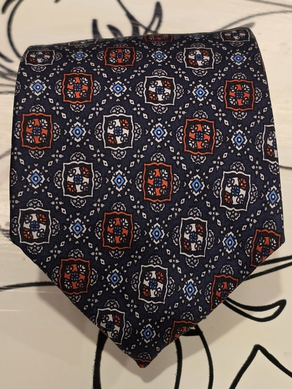 Kuppenheimer Designer Collection Silk Tie Blue Mosaic Geometric Medallion 57x3.2